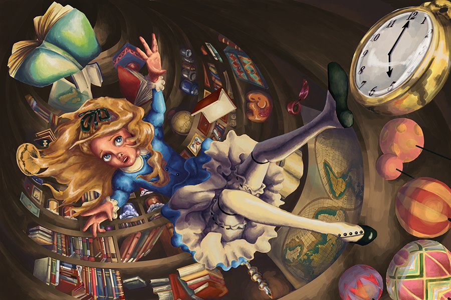 Alice falling down the rabbit hole. / cat-o-morphism/ Deviantart